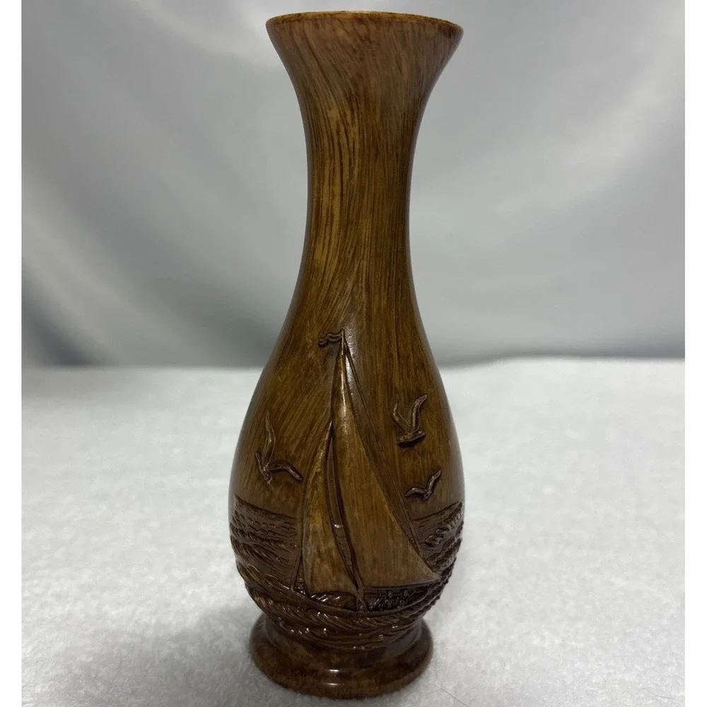 Vintage Faux Wood Resin Sailboat Vase Nautical Relief Model 353